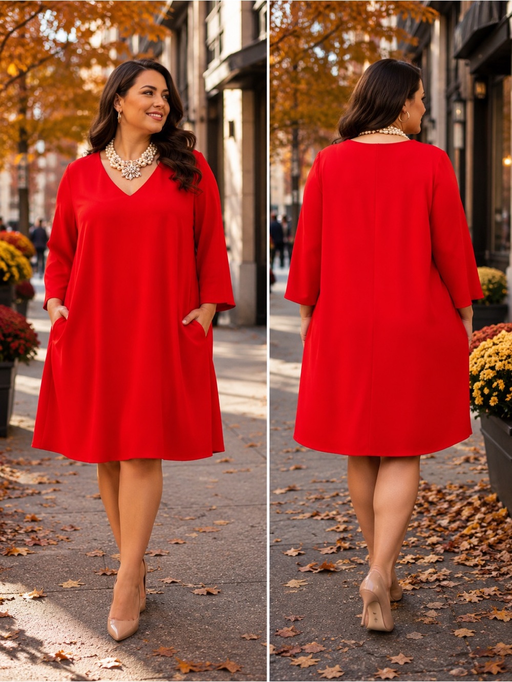 Maree Pour Toi Red Tunic Dress Sz 18 V-Neck Long Sleeve Pockets